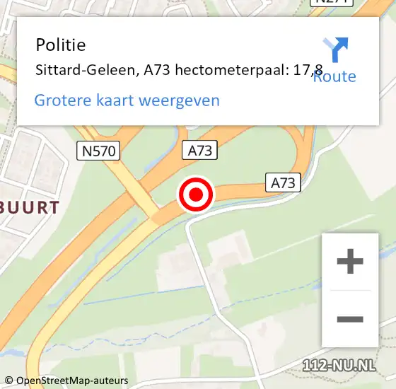 Locatie op kaart van de 112 melding: Politie Sittard-Geleen, A73 hectometerpaal: 17,8 op 16 juli 2022 20:55