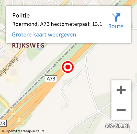 Locatie op kaart van de 112 melding: Politie Roermond, A73 hectometerpaal: 13,1 op 16 juli 2022 21:19