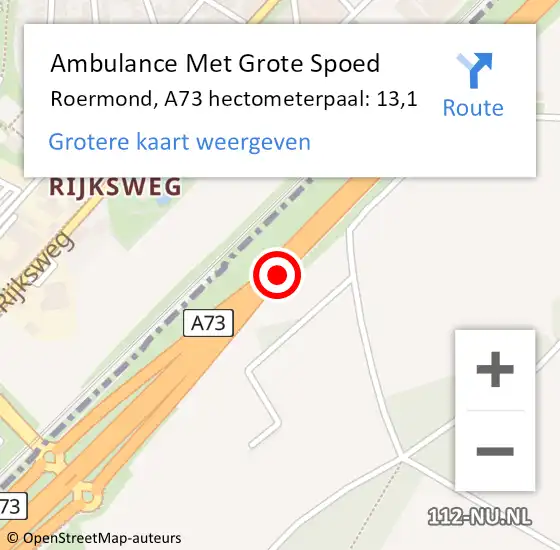 Locatie op kaart van de 112 melding: Ambulance Met Grote Spoed Naar Roermond, A73 hectometerpaal: 13,1 op 16 juli 2022 21:23