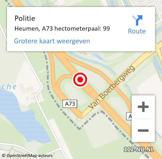 Locatie op kaart van de 112 melding: Politie Heumen, A73 hectometerpaal: 99 op 17 juli 2022 09:59