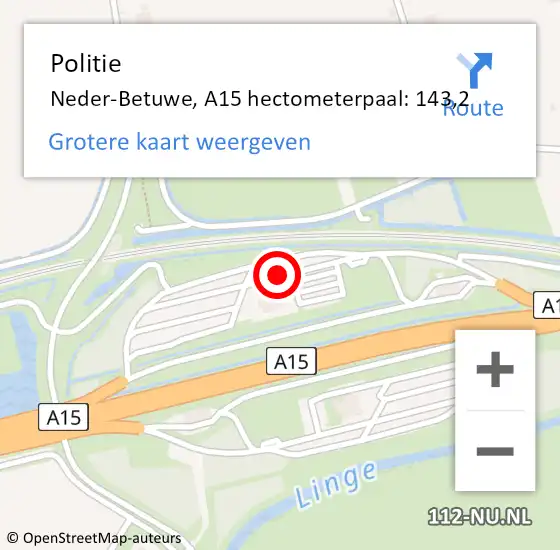 Locatie op kaart van de 112 melding: Politie Neder-Betuwe, A15 hectometerpaal: 143,2 op 17 juli 2022 21:30