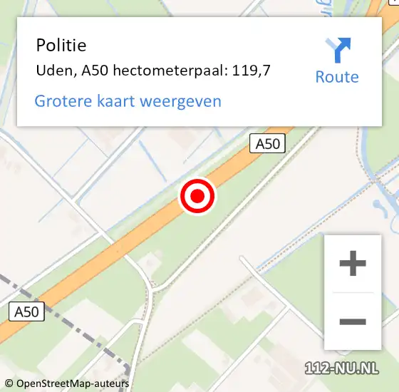 Locatie op kaart van de 112 melding: Politie Uden, A50 hectometerpaal: 119,7 op 18 juli 2022 01:24