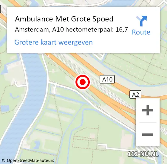 Locatie op kaart van de 112 melding: Ambulance Met Grote Spoed Naar Amsterdam, A10 hectometerpaal: 16,7 op 18 juli 2022 08:31