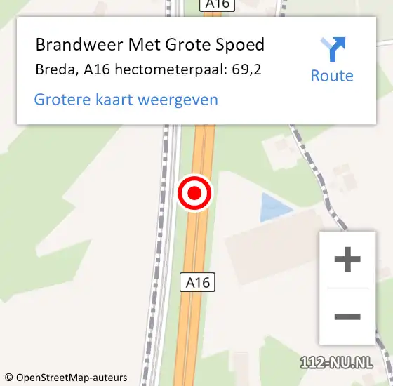 Locatie op kaart van de 112 melding: Brandweer Met Grote Spoed Naar Breda, A16 hectometerpaal: 69,2 op 18 juli 2022 14:43