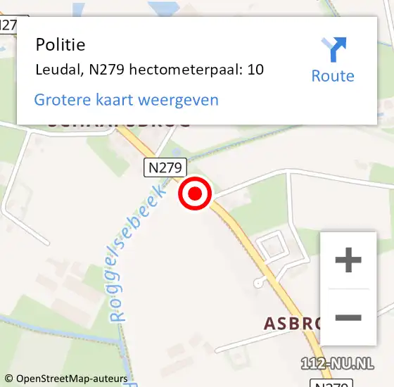 Locatie op kaart van de 112 melding: Politie Leudal, N279 hectometerpaal: 10 op 19 juli 2022 11:21