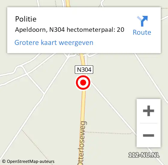 Locatie op kaart van de 112 melding: Politie Apeldoorn, N304 hectometerpaal: 20 op 19 juli 2022 11:35