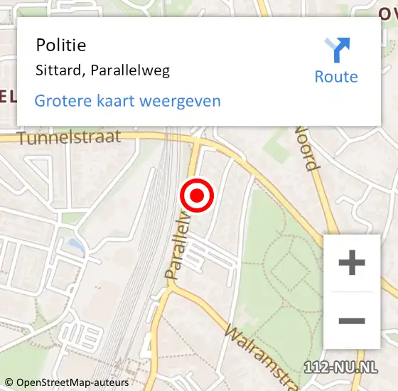 Locatie op kaart van de 112 melding: Politie Sittard, Parallelweg op 19 juli 2022 14:11