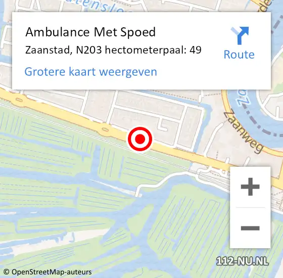 Locatie op kaart van de 112 melding: Ambulance Met Spoed Naar Zaanstad, N203 hectometerpaal: 49 op 19 juli 2022 16:30