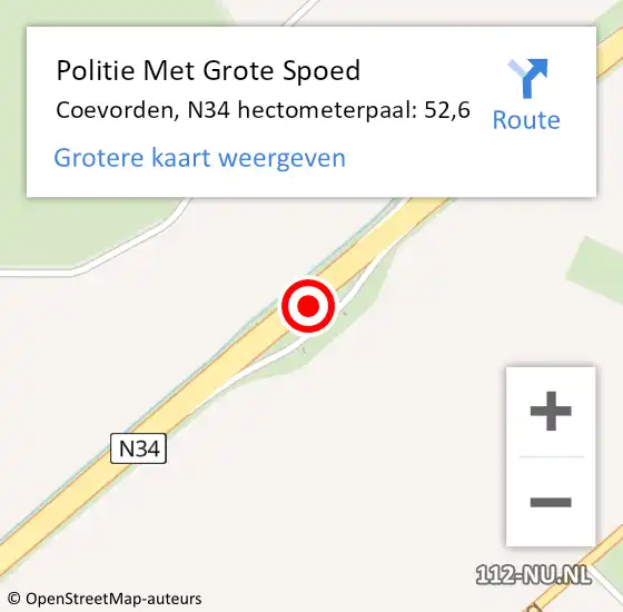 Locatie op kaart van de 112 melding: Politie Met Grote Spoed Naar Coevorden, N34 hectometerpaal: 52,6 op 19 juli 2022 23:07