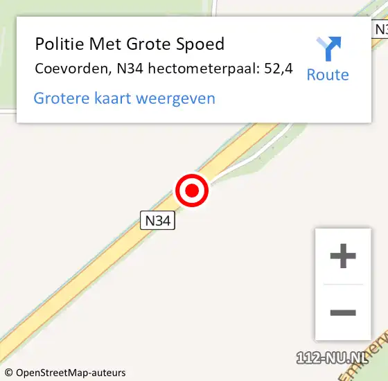 Locatie op kaart van de 112 melding: Politie Met Grote Spoed Naar Coevorden, N34 hectometerpaal: 52,4 op 19 juli 2022 23:08