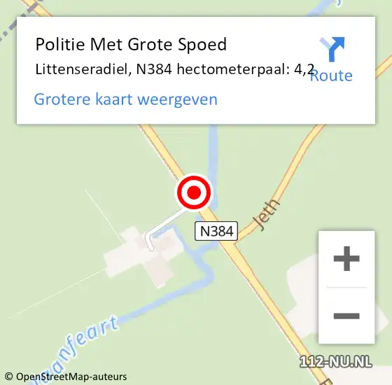 Locatie op kaart van de 112 melding: Politie Met Grote Spoed Naar Littenseradiel, N384 hectometerpaal: 4,2 op 20 juli 2022 09:02