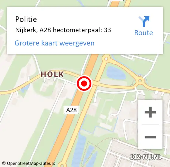 Locatie op kaart van de 112 melding: Politie Nijkerk, A28 hectometerpaal: 33 op 20 juli 2022 17:02