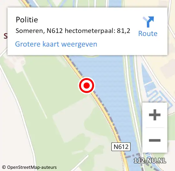 Locatie op kaart van de 112 melding: Politie Someren, N612 hectometerpaal: 81,2 op 20 juli 2022 17:10