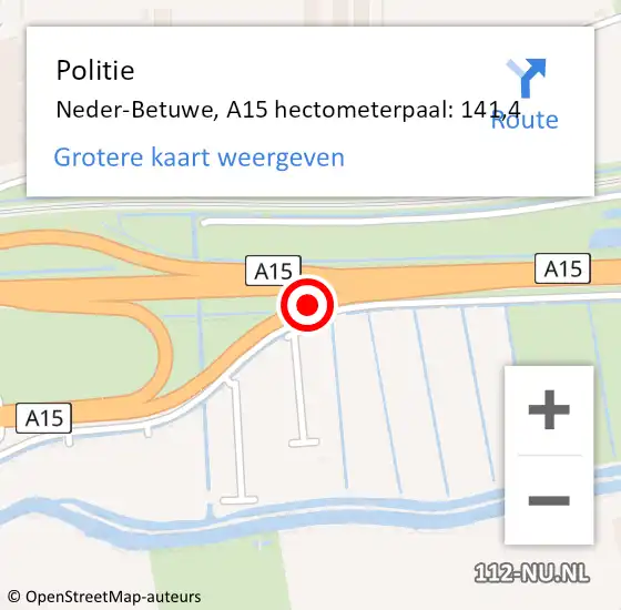 Locatie op kaart van de 112 melding: Politie Neder-Betuwe, A15 hectometerpaal: 141,4 op 20 juli 2022 20:25