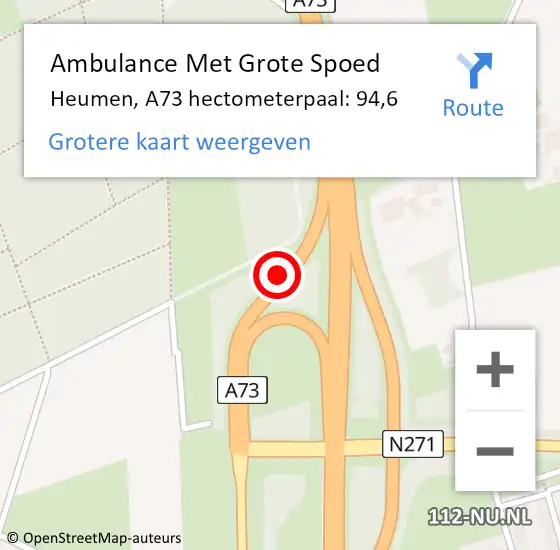 Locatie op kaart van de 112 melding: Ambulance Met Grote Spoed Naar Heumen, A73 hectometerpaal: 94,6 op 21 juli 2022 05:10