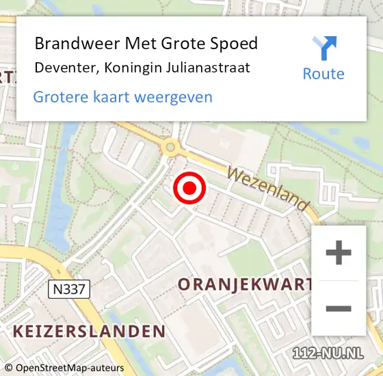 Locatie op kaart van de 112 melding: Brandweer Met Grote Spoed Naar Deventer, Koningin Julianastraat op 21 juli 2022 08:09