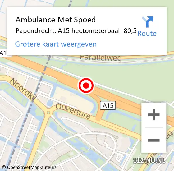 Locatie op kaart van de 112 melding: Ambulance Met Spoed Naar Papendrecht, A15 hectometerpaal: 80,5 op 21 juli 2022 09:10