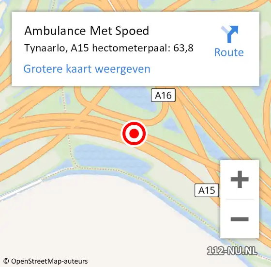 Locatie op kaart van de 112 melding: Ambulance Met Spoed Naar Tynaarlo, A15 hectometerpaal: 63,8 op 21 juli 2022 10:46