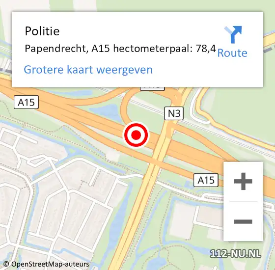 Locatie op kaart van de 112 melding: Politie Papendrecht, A15 hectometerpaal: 78,4 op 22 juli 2022 01:28