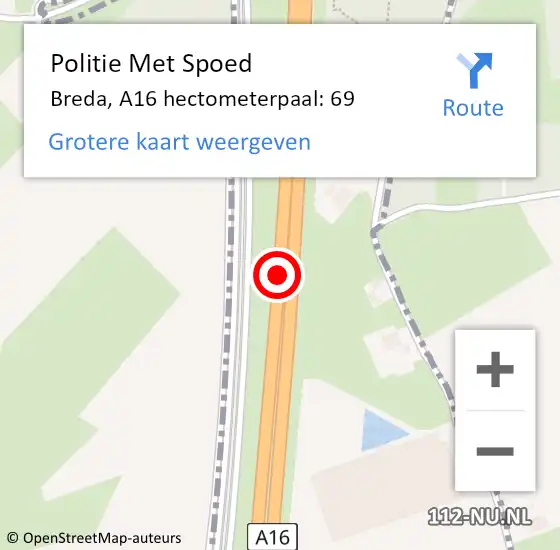 Locatie op kaart van de 112 melding: Politie Met Spoed Naar Breda, A16 hectometerpaal: 69 op 22 juli 2022 11:20