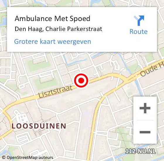 Locatie op kaart van de 112 melding: Ambulance Met Spoed Naar Den Haag, Charlie Parkerstraat op 22 juli 2022 11:53