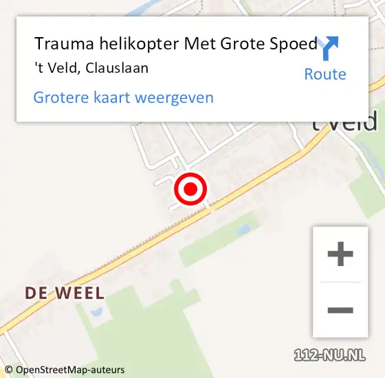 Locatie op kaart van de 112 melding: Trauma helikopter Met Grote Spoed Naar 't Veld, Clauslaan op 22 juli 2022 12:49