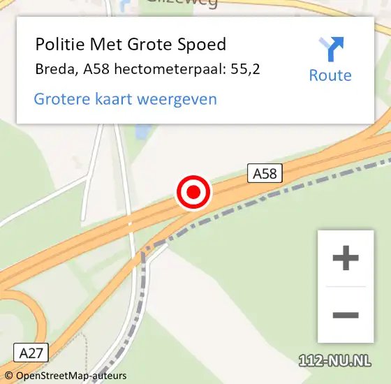 Locatie op kaart van de 112 melding: Politie Met Grote Spoed Naar Breda, A58 hectometerpaal: 55,2 op 22 juli 2022 16:29