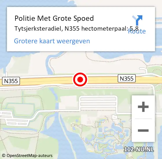 Locatie op kaart van de 112 melding: Politie Met Grote Spoed Naar Tytsjerksteradiel, N355 hectometerpaal: 5,8 op 22 juli 2022 19:03