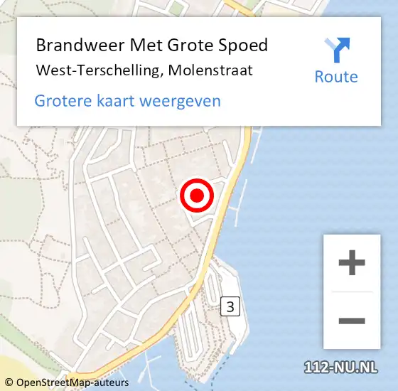 Locatie op kaart van de 112 melding: Brandweer Met Grote Spoed Naar West-Terschelling, Molenstraat op 22 juli 2022 19:52