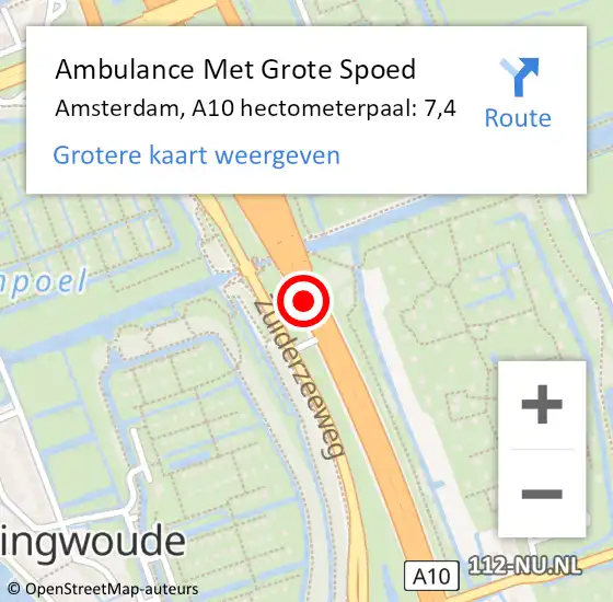 Locatie op kaart van de 112 melding: Ambulance Met Grote Spoed Naar Amsterdam, A10 hectometerpaal: 7,4 op 23 juli 2022 23:58