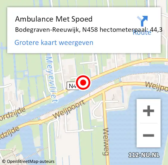 Locatie op kaart van de 112 melding: Ambulance Met Spoed Naar Bodegraven-Reeuwijk, N458 hectometerpaal: 44,3 op 24 juli 2022 03:23