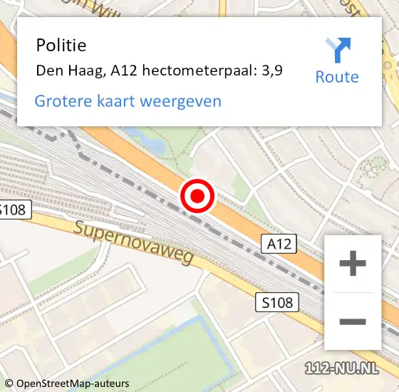 Locatie op kaart van de 112 melding: Politie Den Haag, A12 hectometerpaal: 3,9 op 24 juli 2022 23:08
