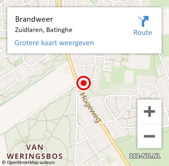 Locatie op kaart van de 112 melding: Brandweer Zuidlaren, Batinghe op 25 juli 2022 02:09