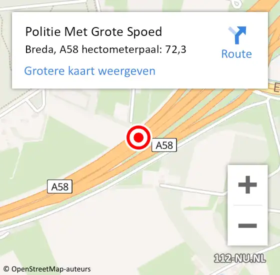 Locatie op kaart van de 112 melding: Politie Met Grote Spoed Naar Breda, A58 hectometerpaal: 72,3 op 25 juli 2022 11:31