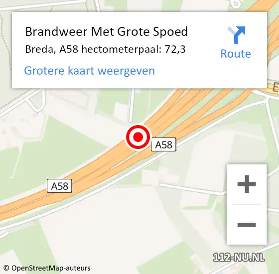 Locatie op kaart van de 112 melding: Brandweer Met Grote Spoed Naar Breda, A58 hectometerpaal: 72,3 op 25 juli 2022 11:32