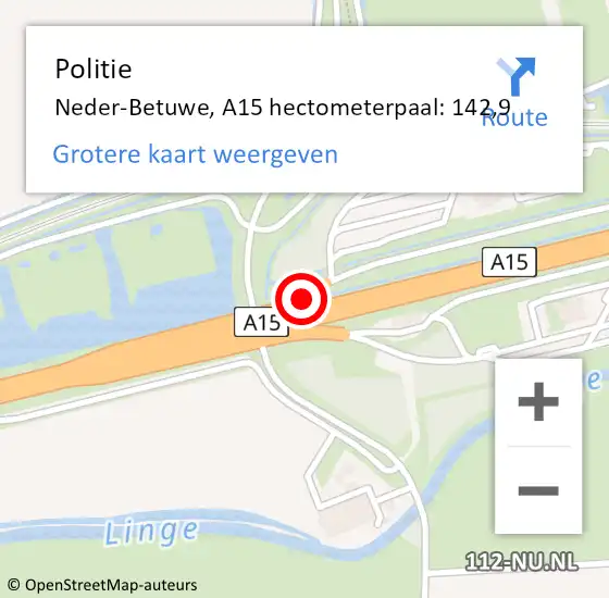 Locatie op kaart van de 112 melding: Politie Neder-Betuwe, A15 hectometerpaal: 142,9 op 25 juli 2022 16:43