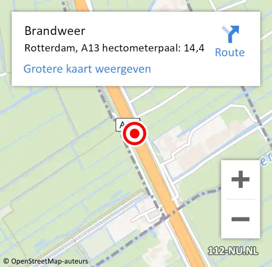 Locatie op kaart van de 112 melding: Brandweer Rotterdam, A13 hectometerpaal: 14,4 op 25 juli 2022 17:00