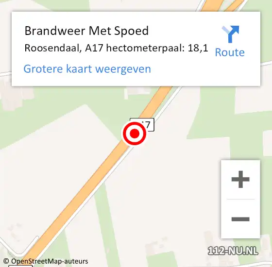 Locatie op kaart van de 112 melding: Brandweer Met Spoed Naar Roosendaal, A17 hectometerpaal: 18,1 op 25 juli 2022 21:03