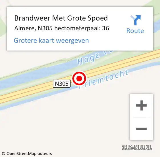 Locatie op kaart van de 112 melding: Brandweer Met Grote Spoed Naar Almere, N305 hectometerpaal: 36 op 26 juli 2022 13:17