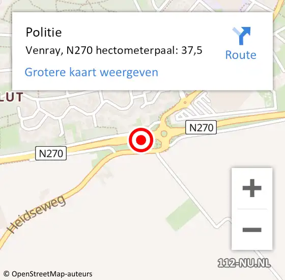 Locatie op kaart van de 112 melding: Politie Venray, N270 hectometerpaal: 37,5 op 26 juli 2022 13:32