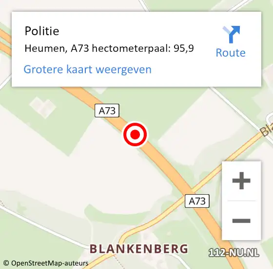 Locatie op kaart van de 112 melding: Politie Heumen, A73 hectometerpaal: 95,9 op 27 juli 2022 14:56