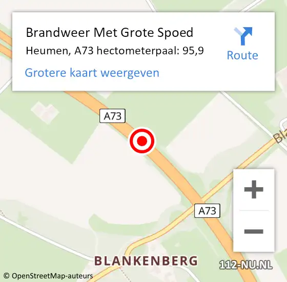Locatie op kaart van de 112 melding: Brandweer Met Grote Spoed Naar Heumen, A73 hectometerpaal: 95,9 op 27 juli 2022 14:57