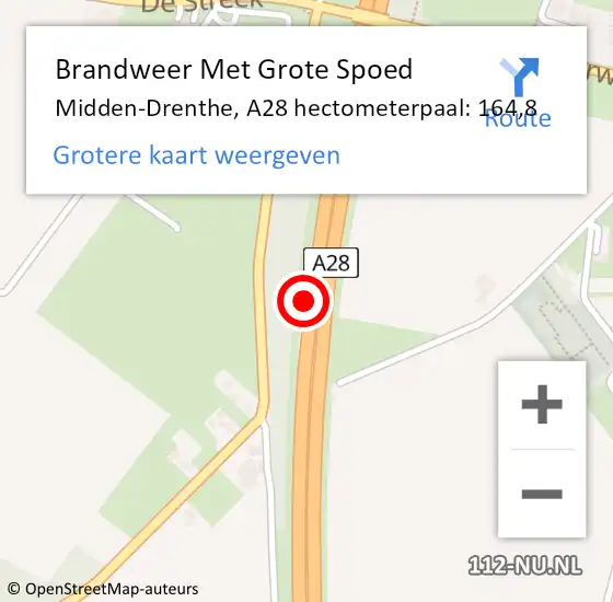 Locatie op kaart van de 112 melding: Brandweer Met Grote Spoed Naar Midden-Drenthe, A28 hectometerpaal: 164,8 op 27 juli 2022 19:46