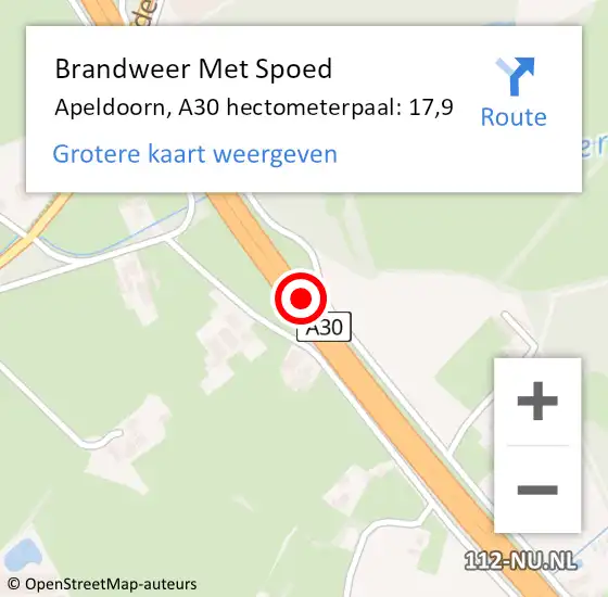 Locatie op kaart van de 112 melding: Brandweer Met Spoed Naar Apeldoorn, A30 hectometerpaal: 17,9 op 27 juli 2022 19:47