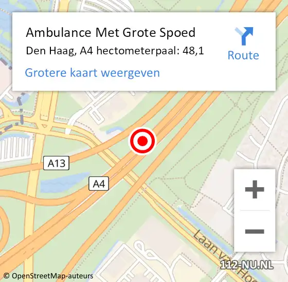 Locatie op kaart van de 112 melding: Ambulance Met Grote Spoed Naar Den Haag, A4 hectometerpaal: 48,1 op 27 juli 2022 19:50