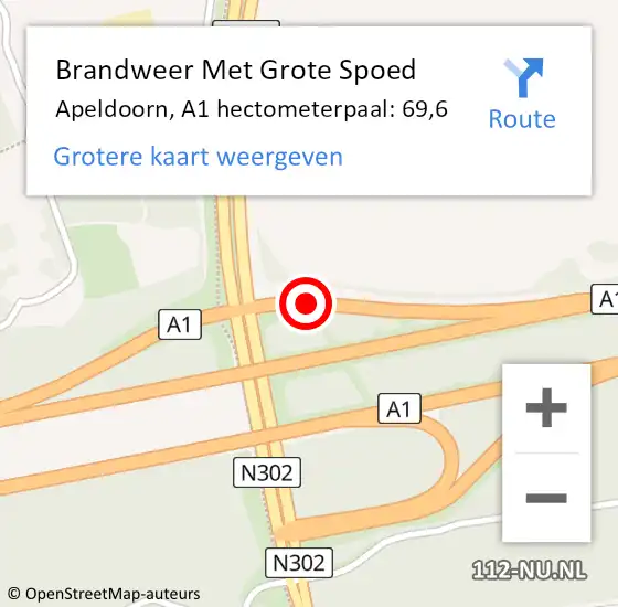 Locatie op kaart van de 112 melding: Brandweer Met Grote Spoed Naar Apeldoorn, A1 hectometerpaal: 69,6 op 27 juli 2022 20:10