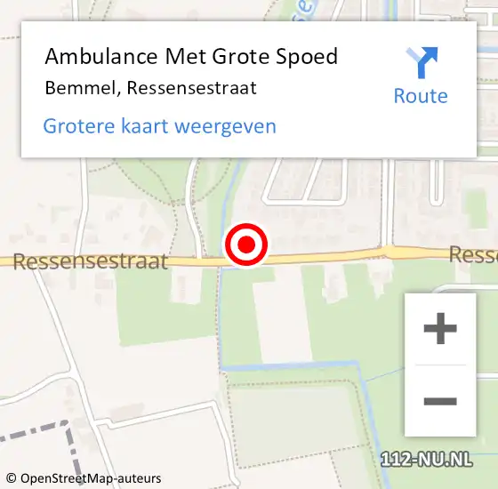 Locatie op kaart van de 112 melding: Ambulance Met Grote Spoed Naar Bemmel, Ressensestraat op 28 juli 2022 00:44