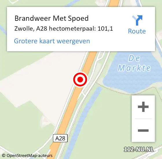 Locatie op kaart van de 112 melding: Brandweer Met Spoed Naar Zwolle, A28 hectometerpaal: 101,1 op 28 juli 2022 04:41