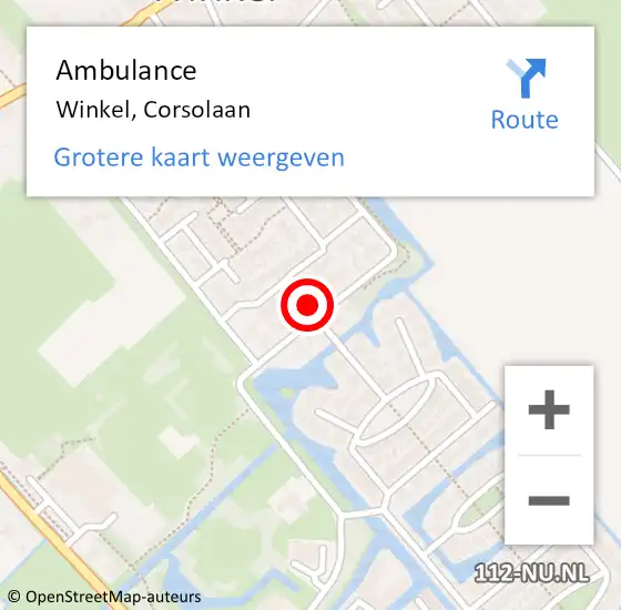 Locatie op kaart van de 112 melding: Ambulance Winkel, Corsolaan op 28 juli 2022 11:13
