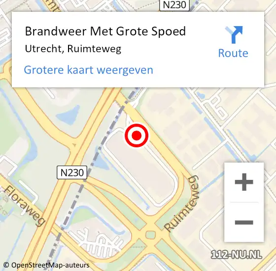 Locatie op kaart van de 112 melding: Brandweer Met Grote Spoed Naar Utrecht, Ruimteweg op 28 juli 2022 11:46